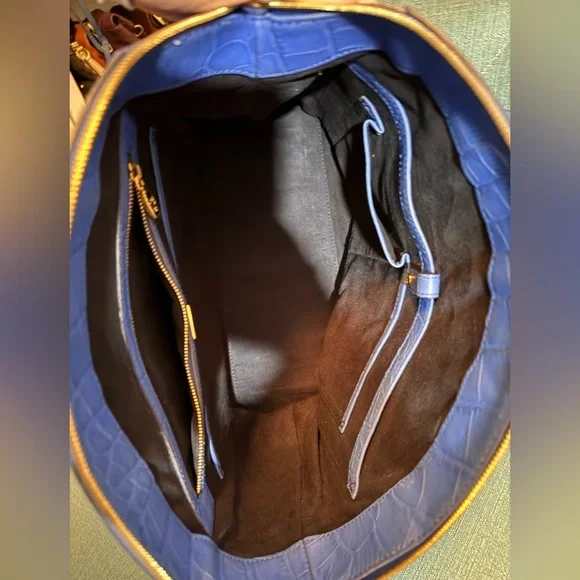 MCM Blue Croc-Embossed Leather Satchel Shoulder Bag EUC - Picture 7 of 8